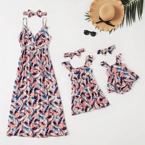 Feather Print Ruffle Sleeveless Dress for Mom and Me