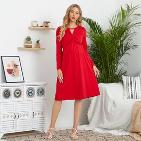 Maternity Solid Round Neck H Long-sleeve Dress