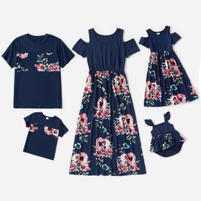 Floral Print Family Matching Sets(Cold Shoulder Dresses and Short-sleeve T-shirts)