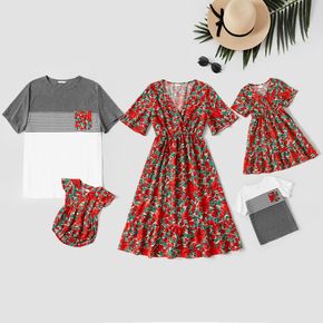 Red Floral Print Family Matching Sets( Midi Dresses and Short-sleeve T-shirts)