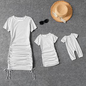 Stripe Print White Short Sleeve Side Ruched Drawstring Mini Dress for Mom and Me