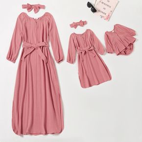 100% Cotton Crepe Solid Pink Long-sleeve Tie Waist Maxi Dress for Mom and Me