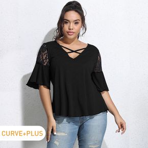 Women Plus Size Elegant Crisscross V Neck Short Lace Splice Bell sleeves T-shirt