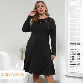 Women Plus Size Elegant Round-collar Hollow out Wavy Hem Long-sleeve Black Midi Dress