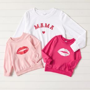 Letter and Lips Print Solid Long-sleeve Sweatshirts Pullover for Mom and Me