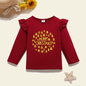 Christmas Toddler Girl Graphic Christmas Tree and Letter Print Ruffled Long-sleeve Tee