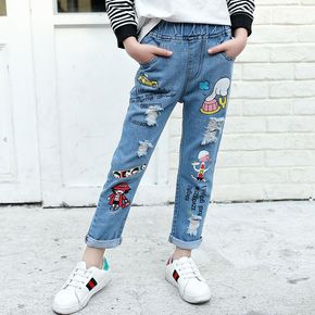 Kid Girl Letter Cartoon Print Ripped Jeans Denim Pants