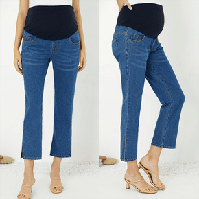 Maternity Deep Blue Straight Jeans with Slits on Both Sides