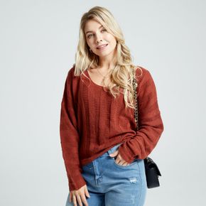 Brown V Neck Long-sleeve Cable Knit