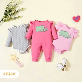 3-Pack Baby Graphic & Striped Ruffled Romper Jumpsuit Set