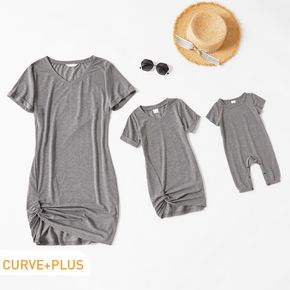 Gray V Neck Short-sleeve Twist Knot Casual Mini T-shirt Dress for Mom and Me