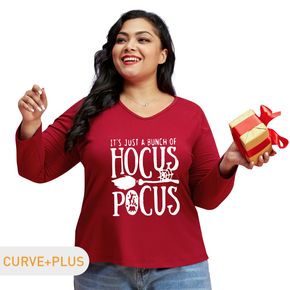 Women Plus Size Graphic Letter and Broom Print V Neck Long-sleeve Tee
