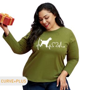 Women Plus Size Graphic Dog and Heart Print Round Neck Long-sleeve Tee