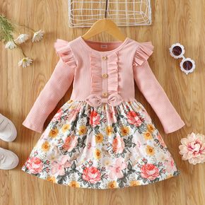 Toddler Girl Floral Print Stitching Ribbed Ruffled Button Design Long-sleeve Dress