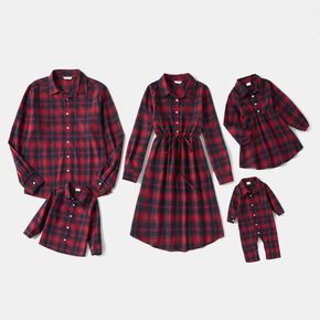 Red Plaid Collared Family Matching Sets(Front Buttons Long-sleeve Shirts or Midi Dresses)