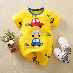 100% Cotton Vehicle Print Color Block Short-sleeve Yellow Baby Romper
