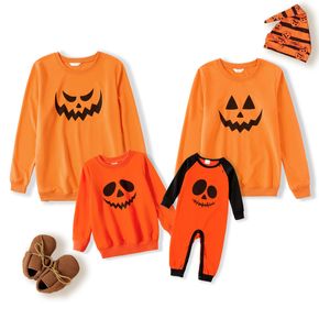 Halloween Pumpkin Face Print Orange Family Matching Long-sleeve Sweatshirts