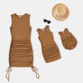 Solid Khaki Ribbed Drawstring Ruched Bodycon Sleeveless Tank Midi Dress for Mom and Me