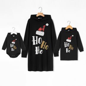 Christmas Hat and Letter Print Black Cotton Long Sleeve Hoodie Dress for Mom and Me