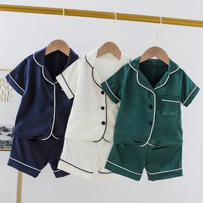 2pcs Solid Lapel Collar Short-sleeve Shirt and Shorts Dark Blue or White or Green Toddler Pajamas Home Set