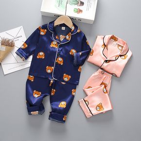 2pcs Bear Allover Lapel Collar Long-sleeve Shirt and Pants Dark Blue or Pink Toddler Pajamas Home Set