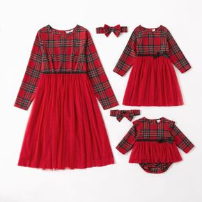 Red Plaid Splicing Mesh Long-sleeve Midi Dress for Mom and Me