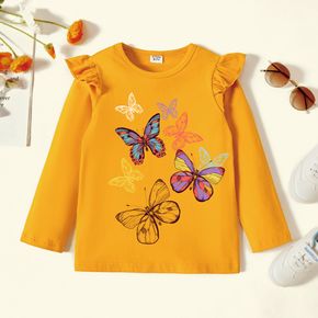 Kid Girl Graphic Butterfly Print Ruffled Long-sleeve Tee