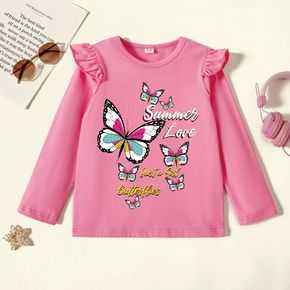 Kid Girl Graphic Butterfly and Letter Print Ruffled Long-sleeve Tee