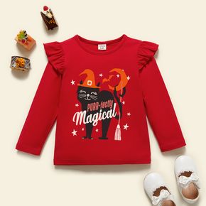 Halloween Toddler Girl Graphic Cat and Stars and Letter Print Ruffled Long-sleeve Tee