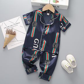 2pcs Print Lapel Collar Short-sleeve Shirt and Pants Dark Blue Toddler Pajamas Home Set