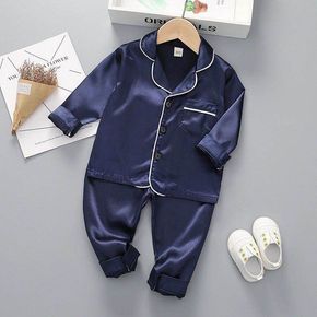 2pcs Solid Lapel Collar Long-sleeve Shirt and Pants Dark Blue or Green Toddler Pajamas Home Set