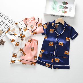 2pcs Bear Allover Lapel Collar Short-sleeve Shirt and Shorts Dark Blue or Pink Toddler Pajamas Home Set