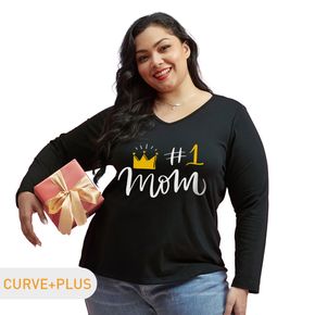 Women Plus Size Graphic Figure and Crown and Letter Print V Neck Long-sleeve Tee