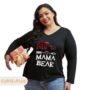 Christmas Women Plus Size Graphic Bear and Letter Print V Neck Long-sleeve Tee