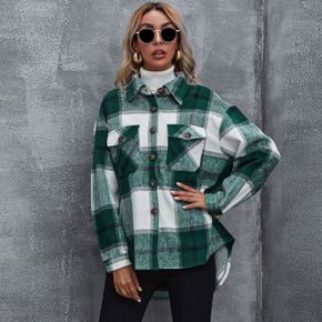 Maternity Green Plaid Single Breasted Dual Patched Pocket Long-sleeve Cardigan Coat