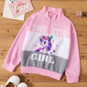 Kid Girl Stand Collar Letter Unicorn Print Zipper Pink Sweatshirt