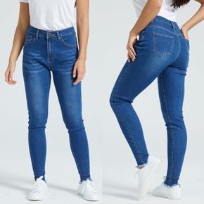 Deep Blue Raw Trim Slant Pockets Skinny Denim Jeans