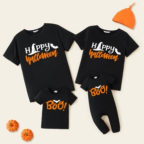 Halloween Witch Hat and Bat Letter Print Black Family Matching Short-sleeve T-shirts