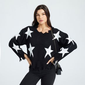 Tassel Trim Stars Print V-neck Long-sleeve Sweater