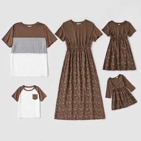 Coffee Floral Print Family Matching Sets(Splicing Coffee Short-sleeve Dresses and Colorblock T-shirts)