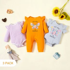 3-Pack Baby Girl Graphic Butterfly and Floral and Letter Print Striped Ruffled Romper Jumpsuit Set