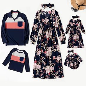 Family Matching All Over Floral Print V Neck Long-sleeve Dresses and Color Block T-shirts Sets