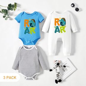 3-Pack Baby Graphic Boy Dinosaur and Letter Print Striped Romper Jumpsuit Set