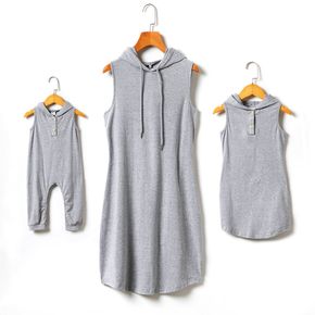 Cotton Solid Grey Hooded Sleeveless Tank Hoodie Midi Dress for Mom and Me