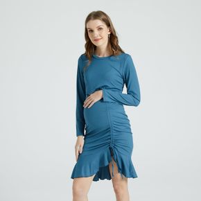 Nursing Solid Color Drawstring Ruched Long-sleeve Maternity Dress