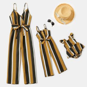 Yellow Striped Cotton Belted Sleeveless Cami Jumpsuits for Mom and Me