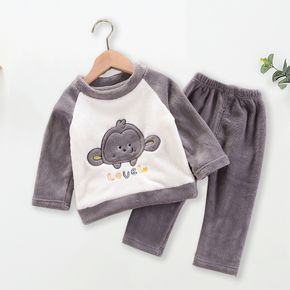 100% Cotton 2pcs Monkey Applique Splice Flannelette Long-sleeve Grey or Green Toddler Pajamas Home Set