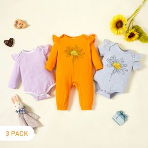 3-Pack Baby Girl Graphic Daisy Print Striped Ruffled Romper Jumpsuit Set