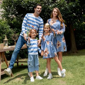 Allover Plant Print and Stripe Long-sleeve Family Matching Blue Sets