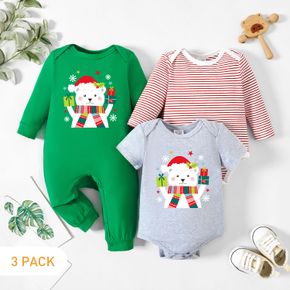 Christmas 3-Pack Baby Graphic Bear and Snowflake and Gift Print Striped Romper Jumpsuit Set